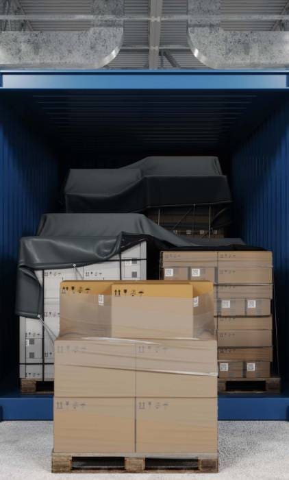 Close-up View Of Open Cargo Container With Cardboard Boxes In Warehouse